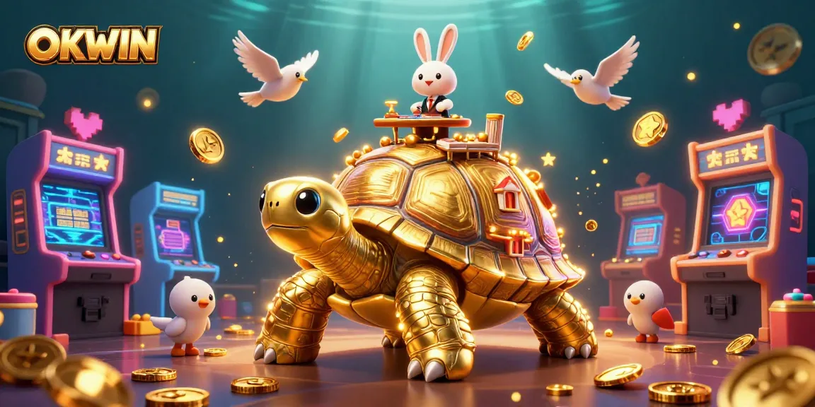 Experience online gaming thrills with OKWIN's vibrant casino illustration featuring a golden tortoise and rabbit dealer.