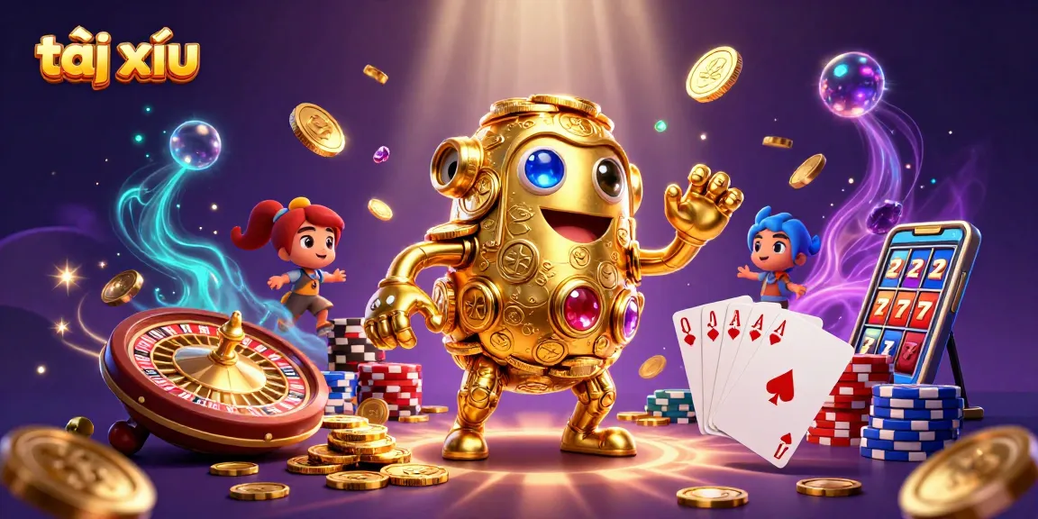 Engage in thrilling tài xỉu gameplay surrounded by golden golems and animated casino elements.