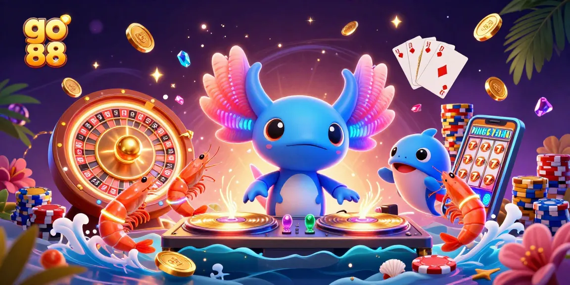 Engage with go 88's immersive casino experience, featuring an axolotl DJ spinning tracks amidst a dynamic underwater party.