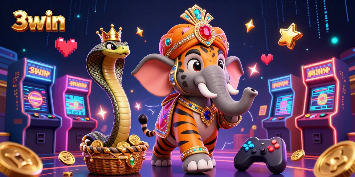Experience thrills at 3win with vibrant 3D casino elements in a dynamic illustration.
