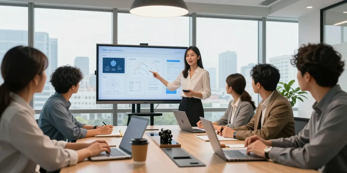 Business phone system presentation with diverse team in modern office.