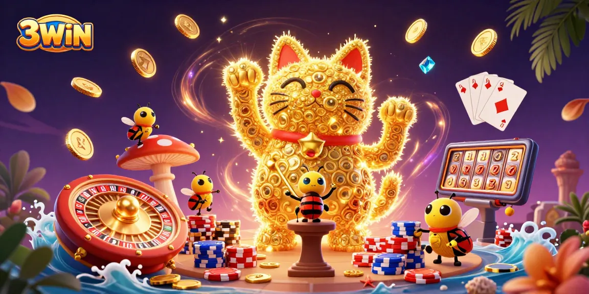 Experience the vibrant energy of 3WIN through this rich casino scene with exciting symbols and lucky elements.