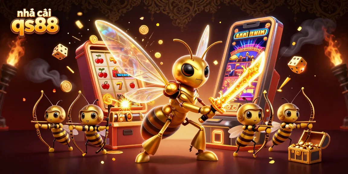 Play games at nhà cái qs88 amidst golden coins and dynamic casino elements, showcasing excitement.