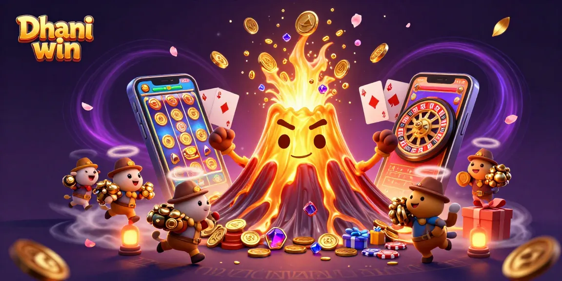 Dhani win showcases thrilling gameplay with a triumphant volcano erupting coins amidst exciting casino elements.
