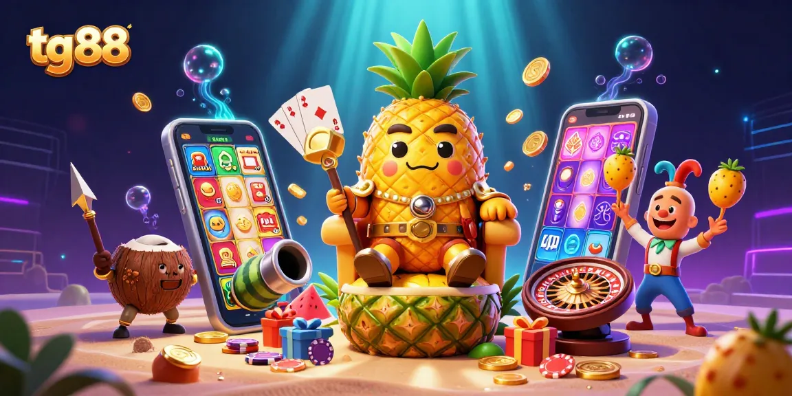 Engage in thrilling games at tg 88 with a vibrant 3D casino scene featuring a golden pineapple king and dynamic gaming elements.