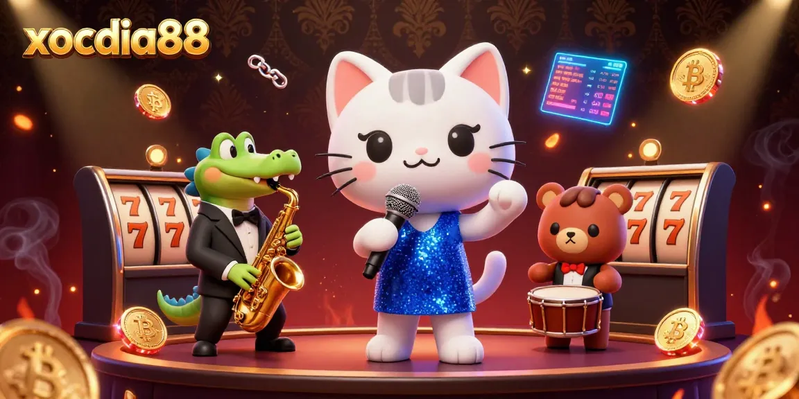 Xocdia88 showcases an engaging casino scene with a singing cat, saxophone crocodile, and drumming bear surrounded by vibrant slot reels.