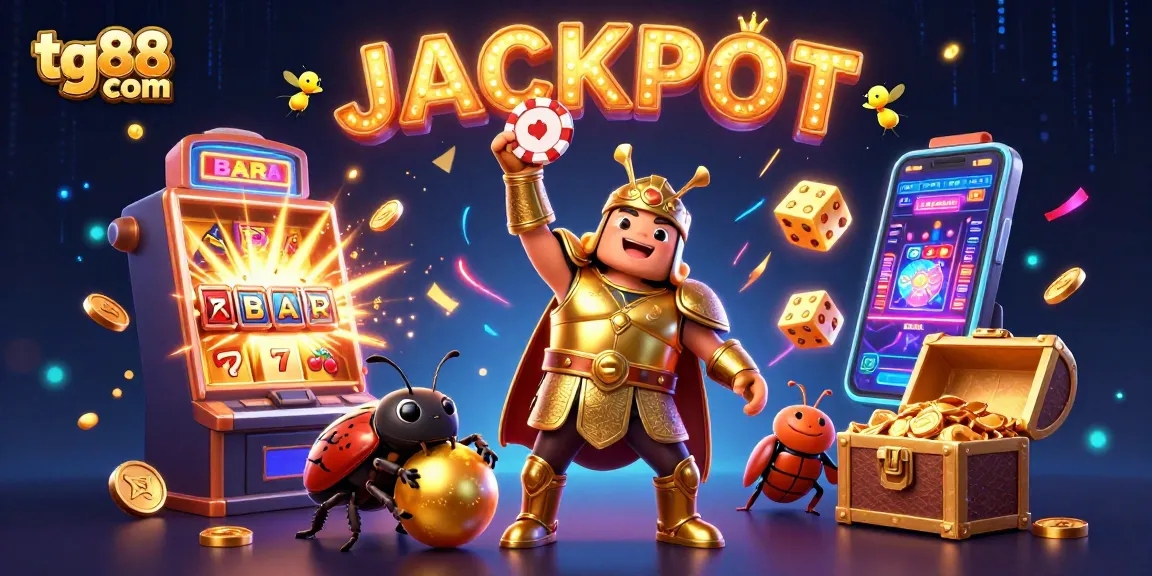 Experience the excitement at tg88 com with a vibrant scene of winnings, featuring a golden beetle and jackpot themes.
