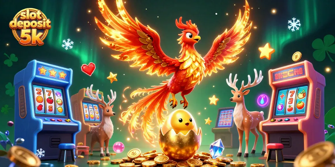 Experience the thrill of slot deposit 5k with an epic phoenix and arcade scene.