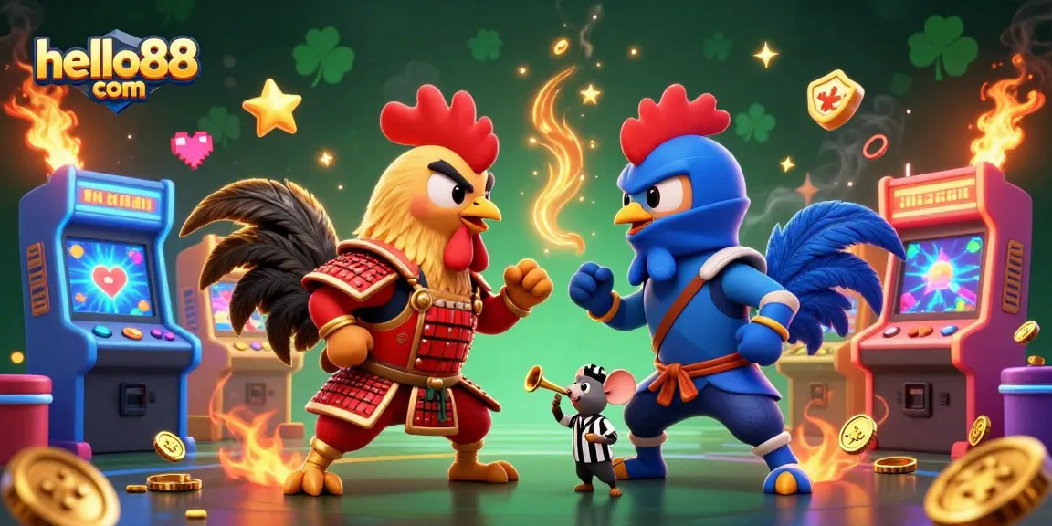 Experience the thrilling duel of roosters in armor at hello88 com, showcasing a vibrant gaming atmosphere.