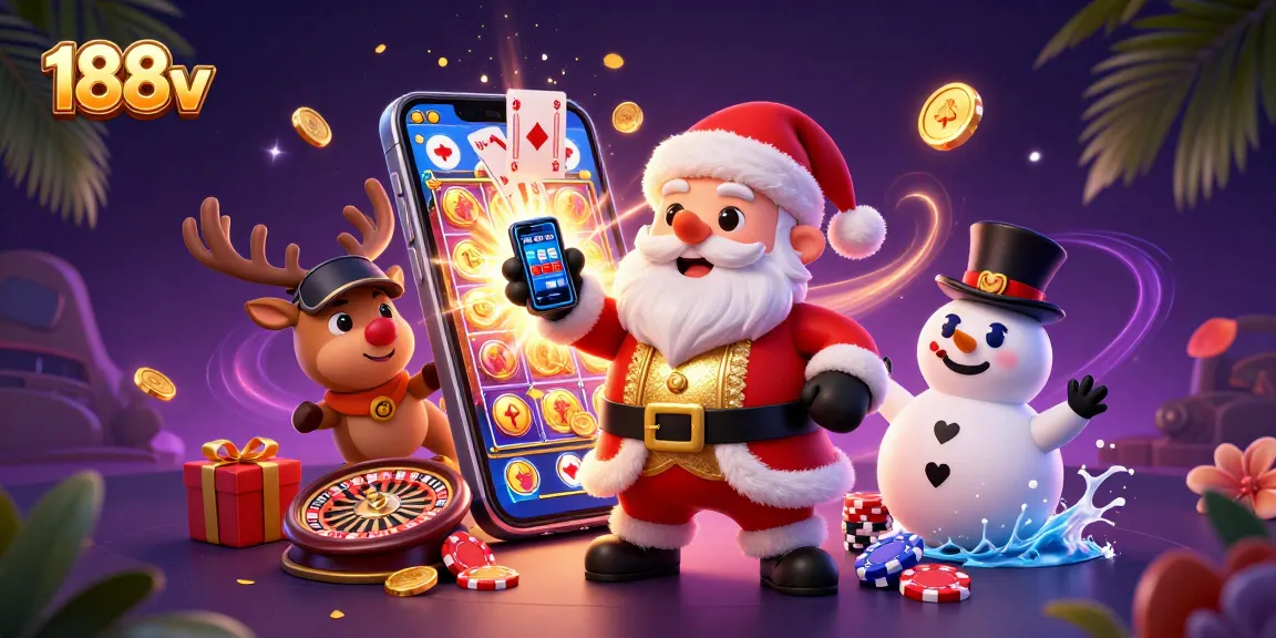 Win big with 188v at a vibrant casino scene featuring Santa, a reindeer dealer, and a snowman!