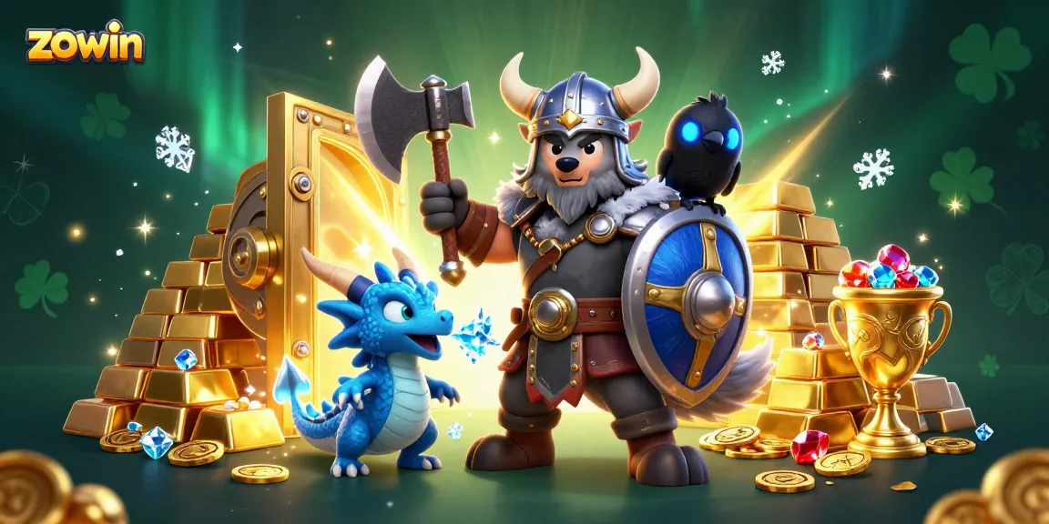 Zowin's Viking warrior showcased in a treasure-filled casino scene, breathing excitement into gaming.