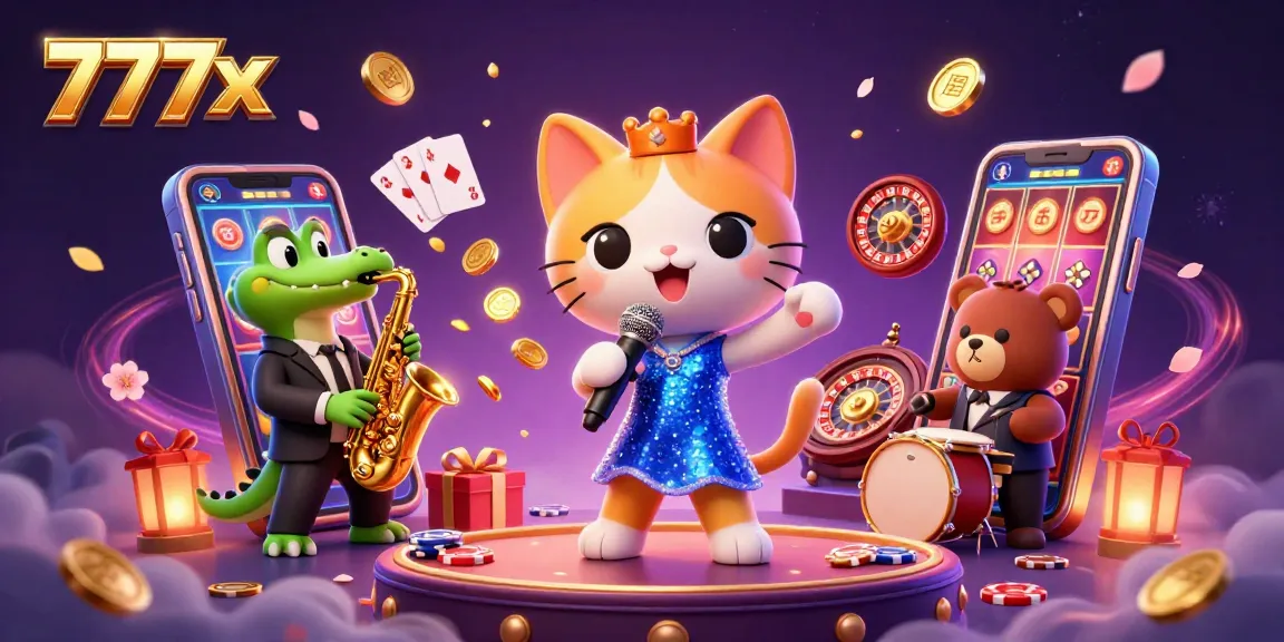 Join the excitement at 777x with a colorful casino scene featuring a jazzy performance!