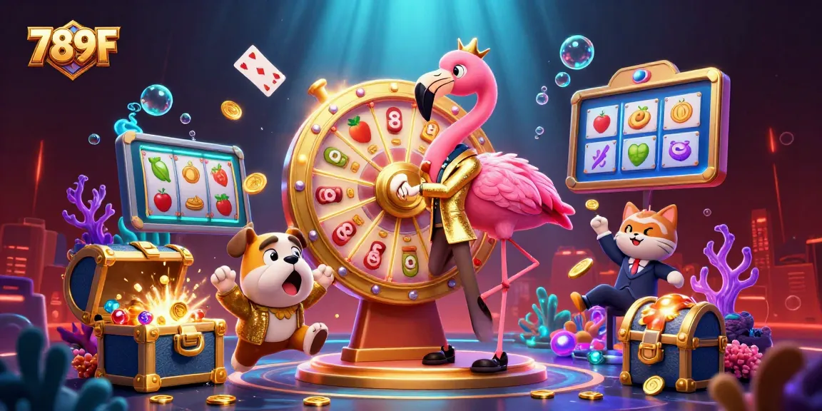 Engaging illustration of 789F's vibrant gaming scene featuring a game show host and bulldog contestant.