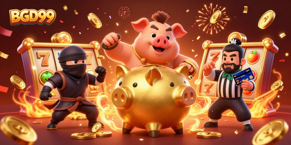 BGD99 features a lively illustration of a golden piggy bank sumo wrestler and friends in an exciting casino scene.