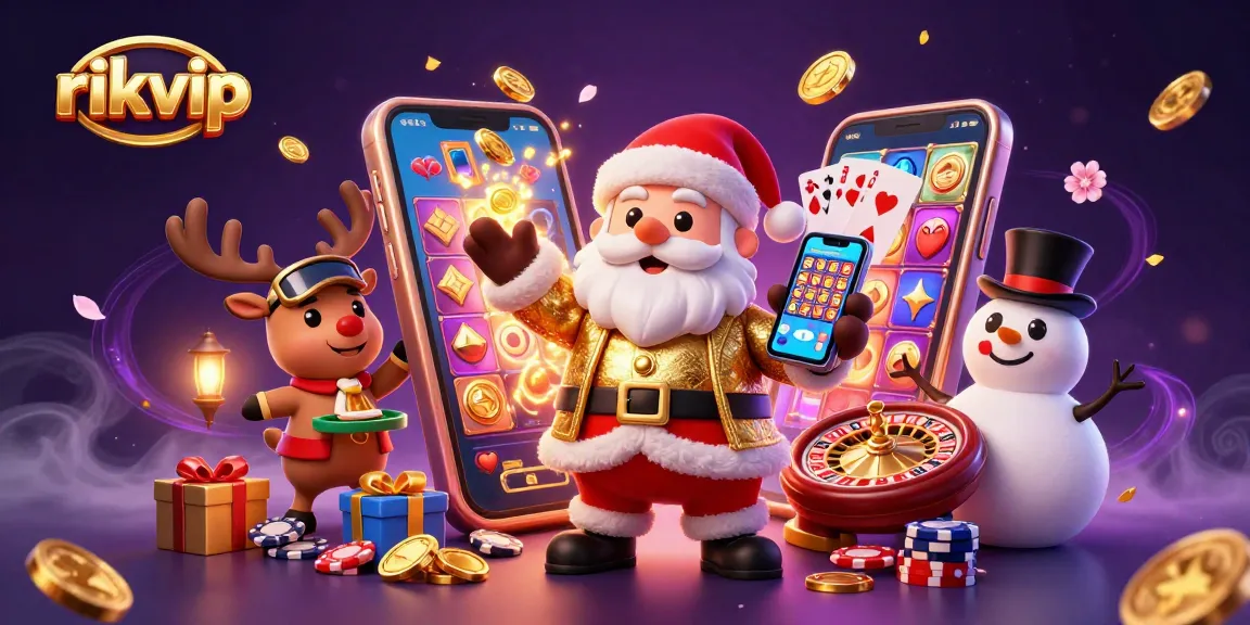 Play thrilling casino games at rikvip featuring Santa, his reindeer, and a snowman in a festive gambling scene.