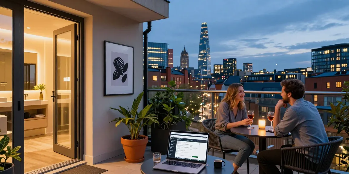 Manchester holiday-let management in a stylish short-let apartment showcasing city views.
