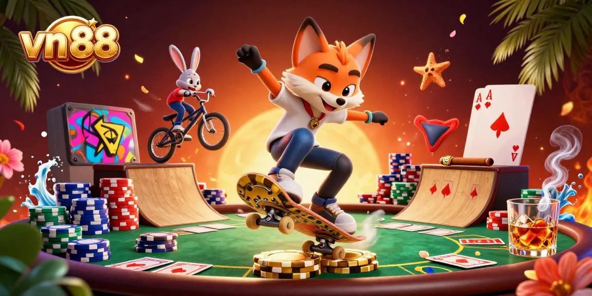 Experience thrilling gaming at vn 88 with a vibrant scene of cartoon characters and casino elements.