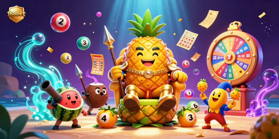 Immerse in 188bet's vibrant 3D casino fantasy, featuring a golden pineapple king and dynamic game elements.