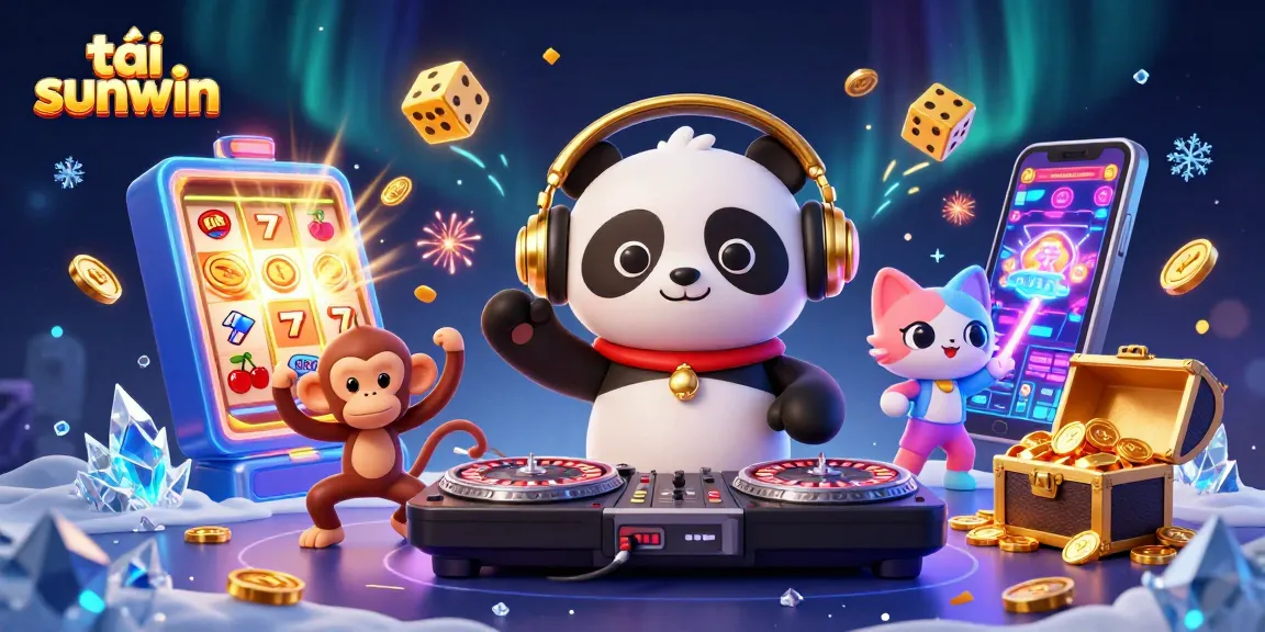 Play exciting games at tải sunwin with a vibrant 3D casino scene featuring characters and jackpot symbols.