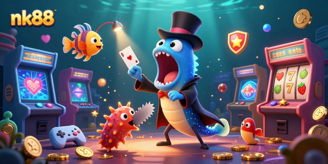 Enhance your nk88 gaming adventure with interactive 3D characters engaging in card tricks within a vibrant casino.