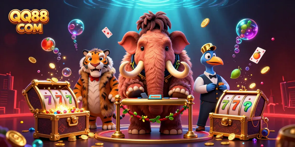 Experience excitement at QQ88 COM with a woolly mammoth bouncer, plush slots, and casino treasures.