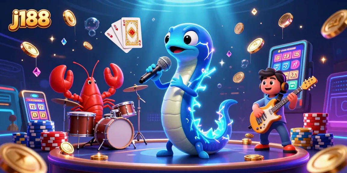 Engage with j188's lively underwater casino scene featuring a DJ electric eel, lobster drummer, and seahorse guitarist.