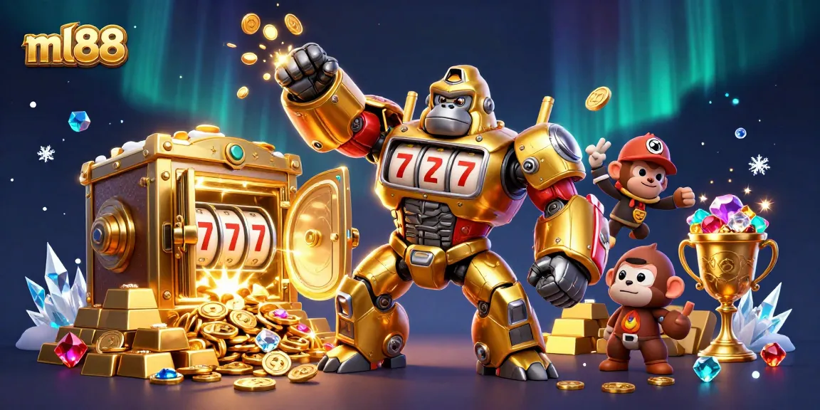 Experience thrilling gameplay with ml88's unique treasures and winning slots in this 3D vibrant illustration.