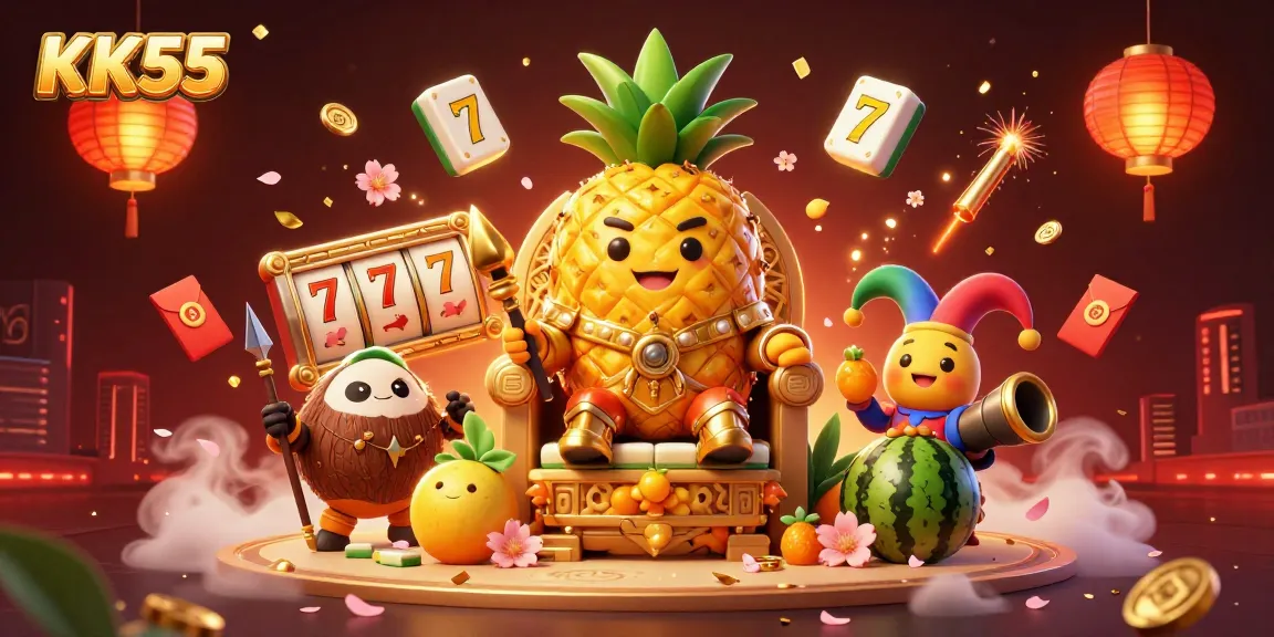 Engage with KK55's vibrant beach casino scene featuring a golden pineapple king and dynamic slot elements.