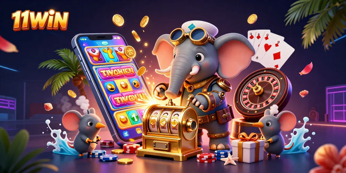 Win big with 11WIN as the steampunk elephant spins the golden slot machine amid vibrant casino elements.