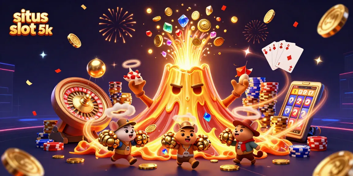 Win big with situs slot 5k at an online casino featuring a golden volcano and treasures.
