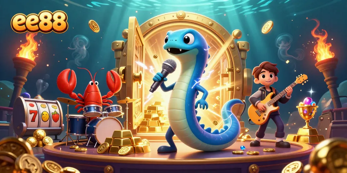 ee88 features an electric eel DJ performing amidst vibrant casino elements like slot reels and gold bars.