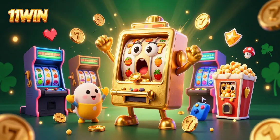 11WIN slot machine celebrating a jackpot win with cheering baby slots, vibrant game elements, and golden sparkles.