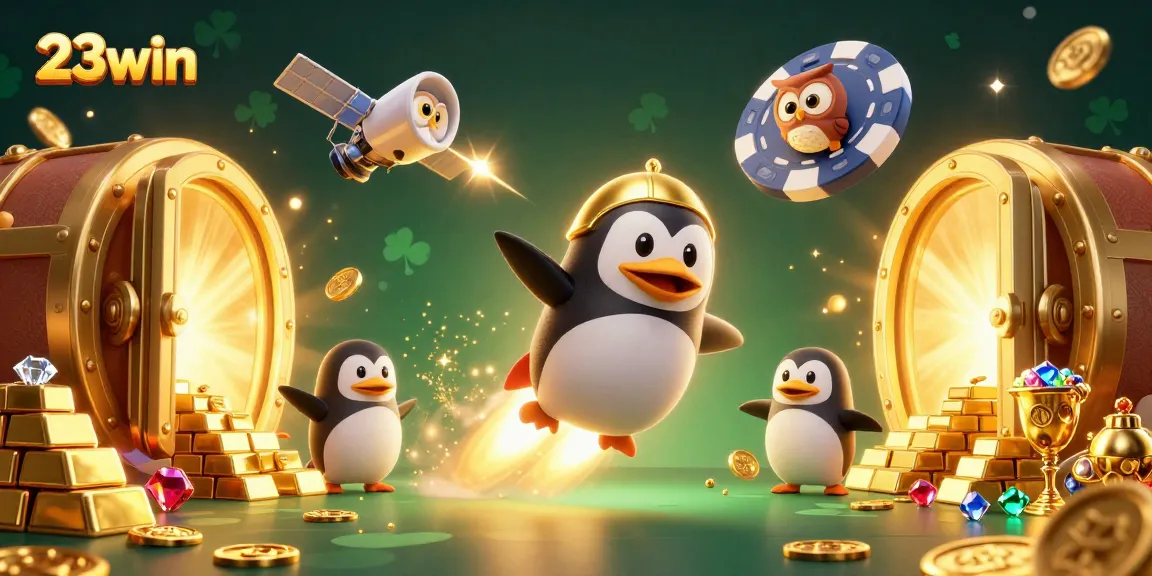 Experience thrilling adventures in 23win as a golden penguin navigates a bustling casino atmosphere.
