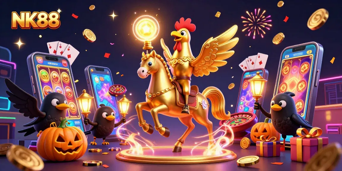 Experience thrilling gameplay with NK88 featuring a golden rooster and its ghostly companions in a vibrant casino.