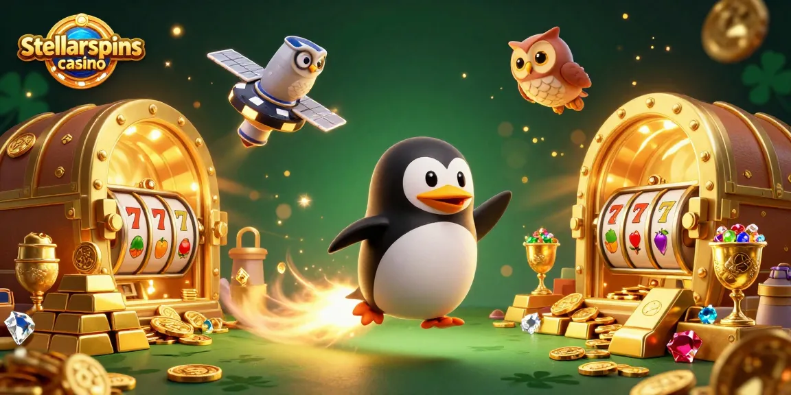 Experience excitement at stellarspins casino with a golden penguin and glittering slot reels!