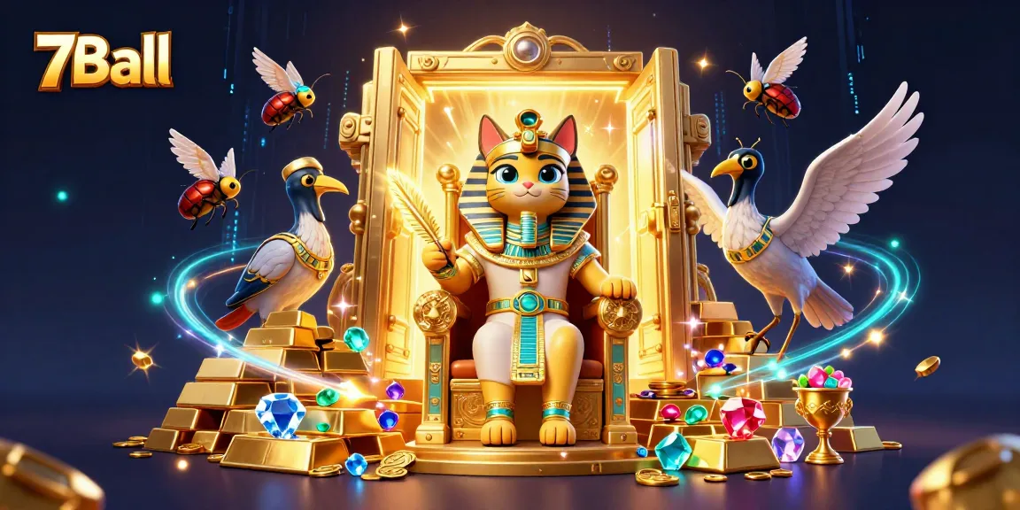 Engage with 7Ball's vibrant casino scene, featuring an Egyptian pharaoh cat and treasures enriching the gaming experience.