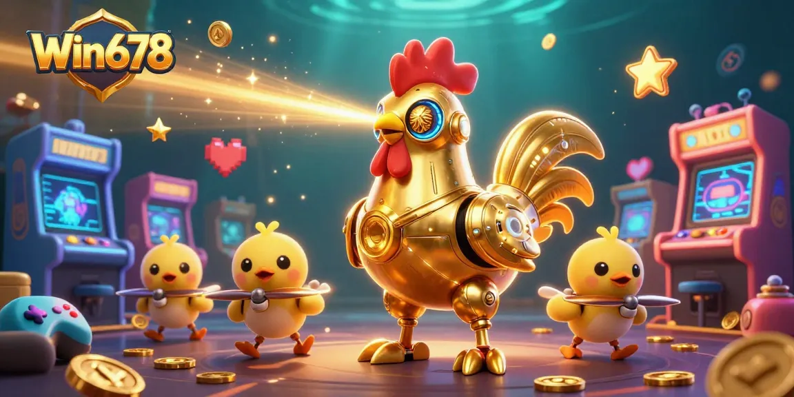 Experience thrilling gameplay at Win678 featuring a golden rooster robot and arcade elements.