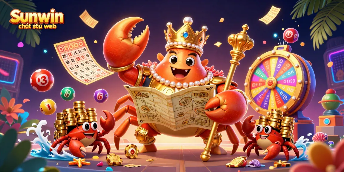 Engage with Sunwin chơi trên web in a vibrant casino scene with a golden crab emperor and lively game elements.