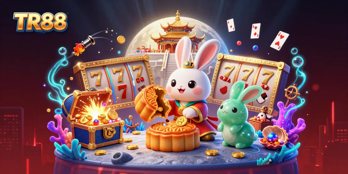 Experience TR88's vibrant slot games with a moon rabbit mascot surrounded by dynamic casino elements.