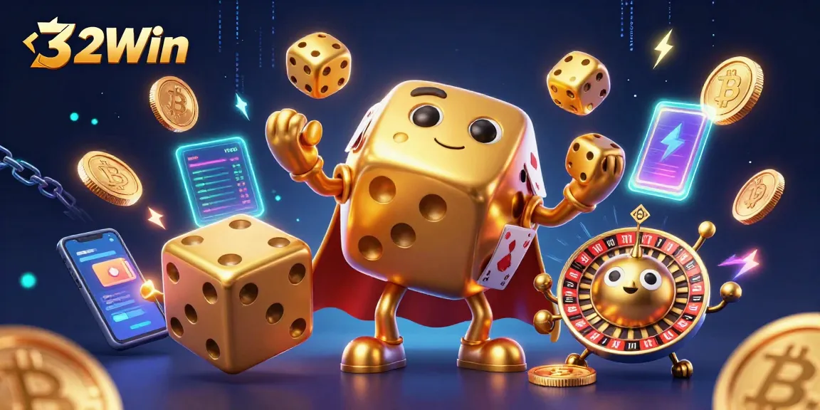 Engage with 32Win's vibrant casino scene featuring dynamic golden dice and crypto elements.