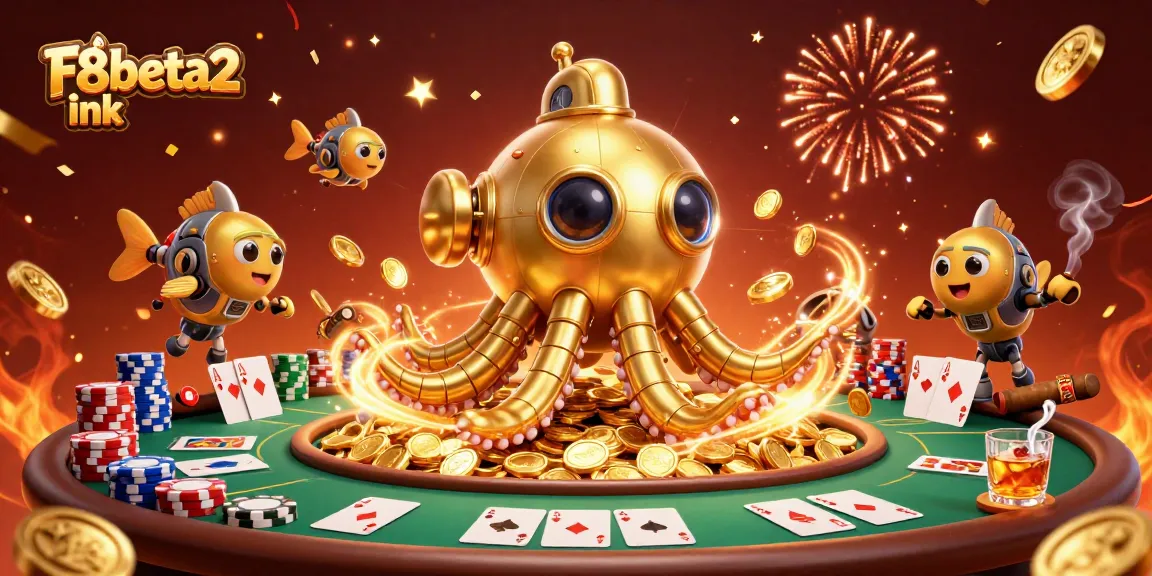 Experience the thrill of gaming with F8beta2 ink's vibrant casino illustration featuring a golden kraken.