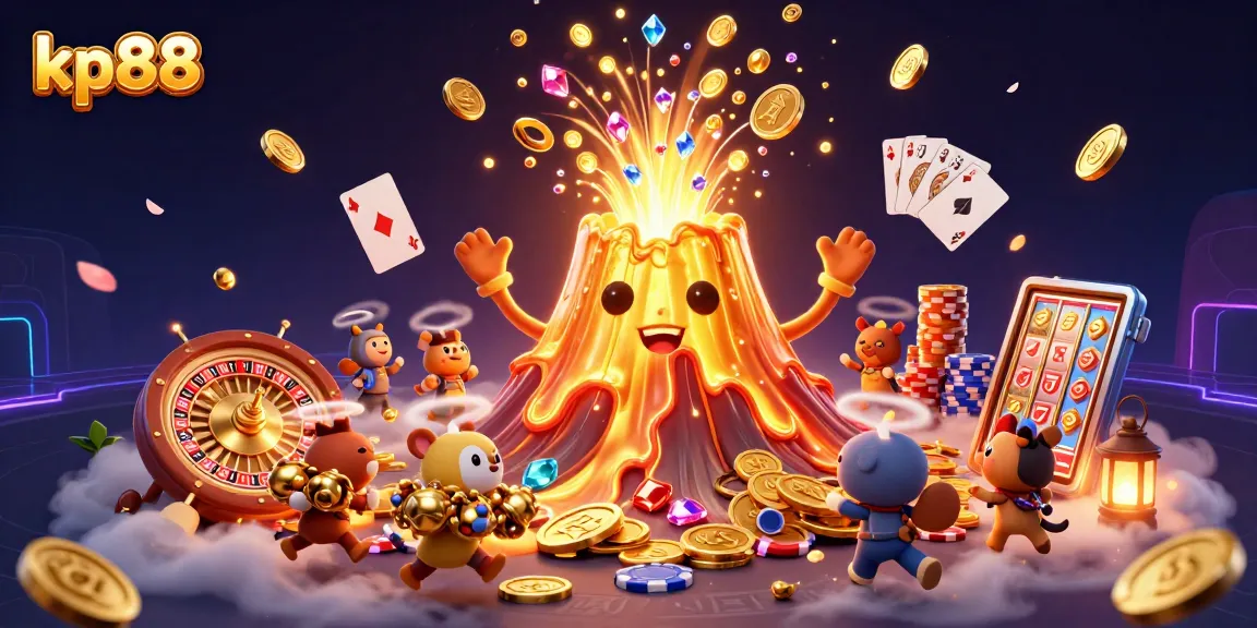 Experience the excitement of kp88 with a dynamic eruption of golden treasures and casino elements.