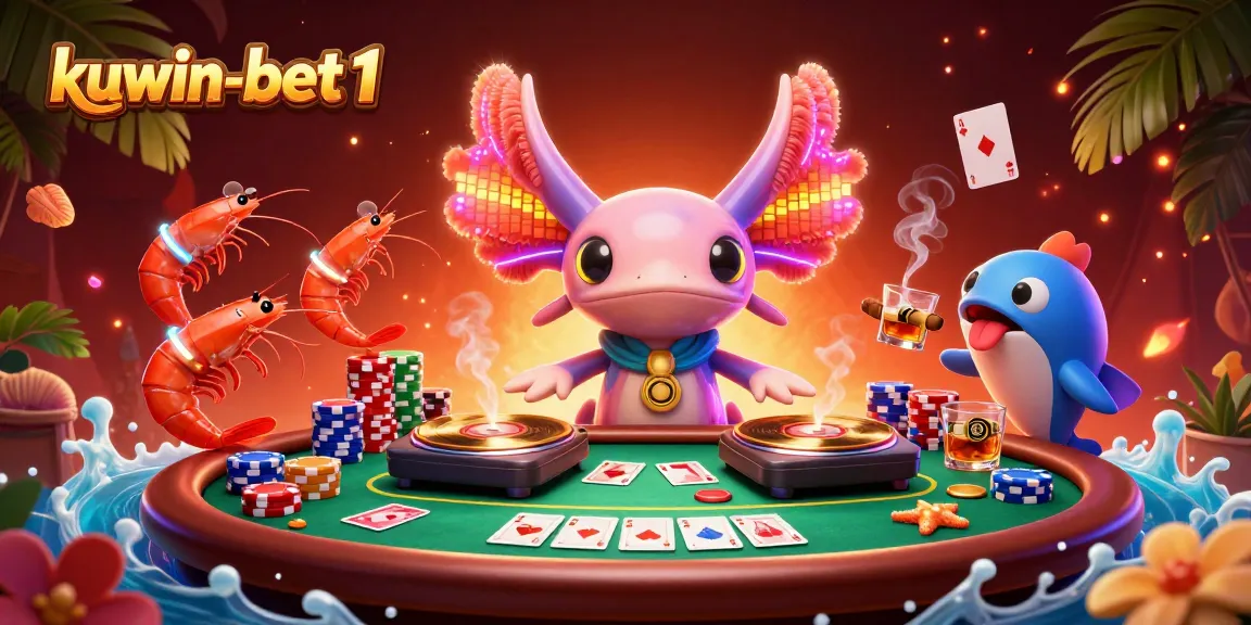 Engage with kuwin-bet1's vibrant gaming scene featuring a DJ axolotl and poker action.