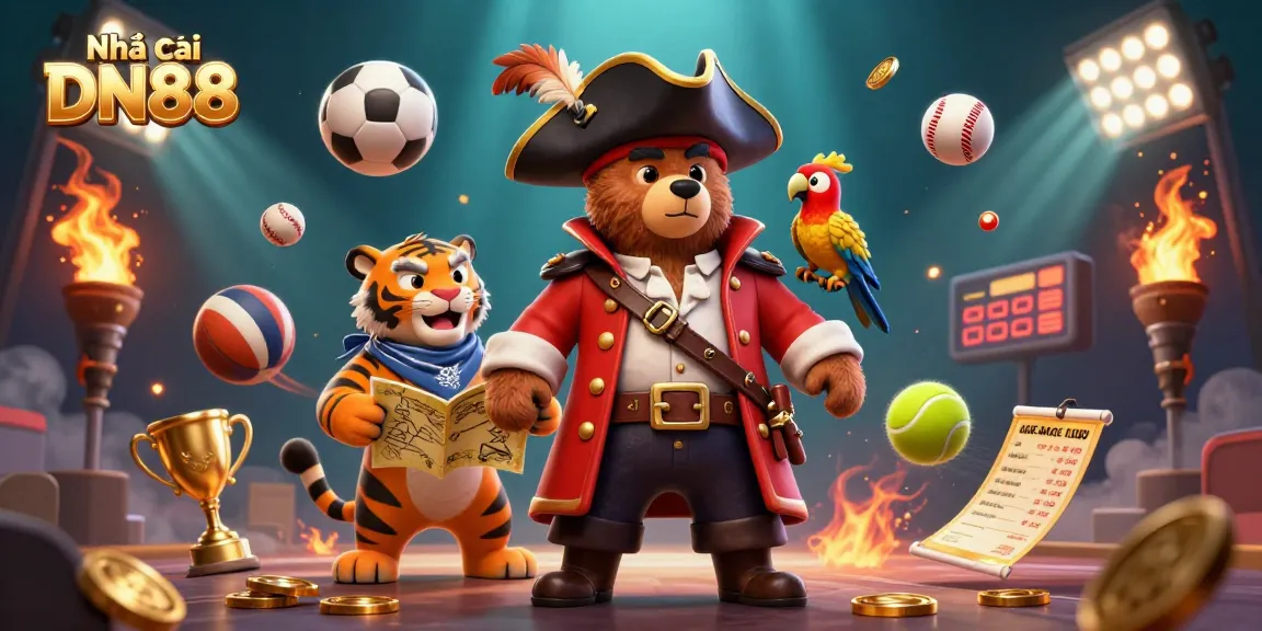 Engaging scene showcasing Nhà cái DN88 with a cartoon pirate captain and tiger amidst vibrant sports elements and dynamic action.