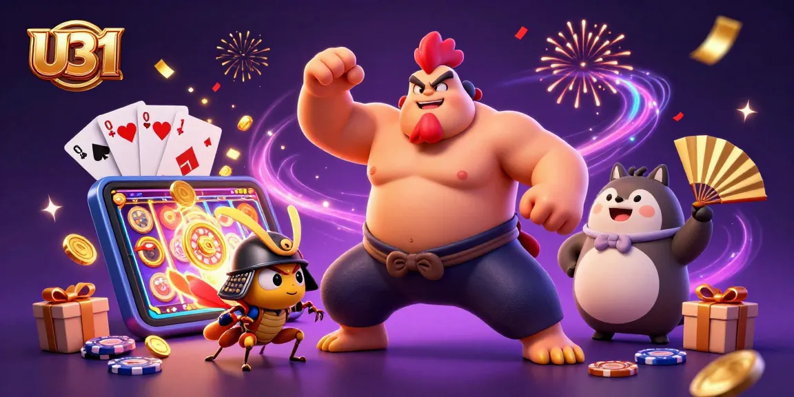 U31 offers a vibrant casino experience with a sumo wrestler, samurai cricket, and tanuki announcer amid playful gaming elements.