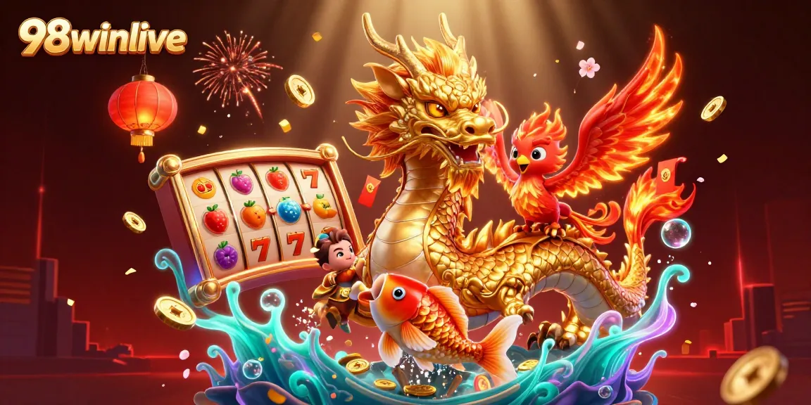 Experience thrilling gameplay at 98winlive with vibrant 3D visuals of a golden dragon and lucky symbols.