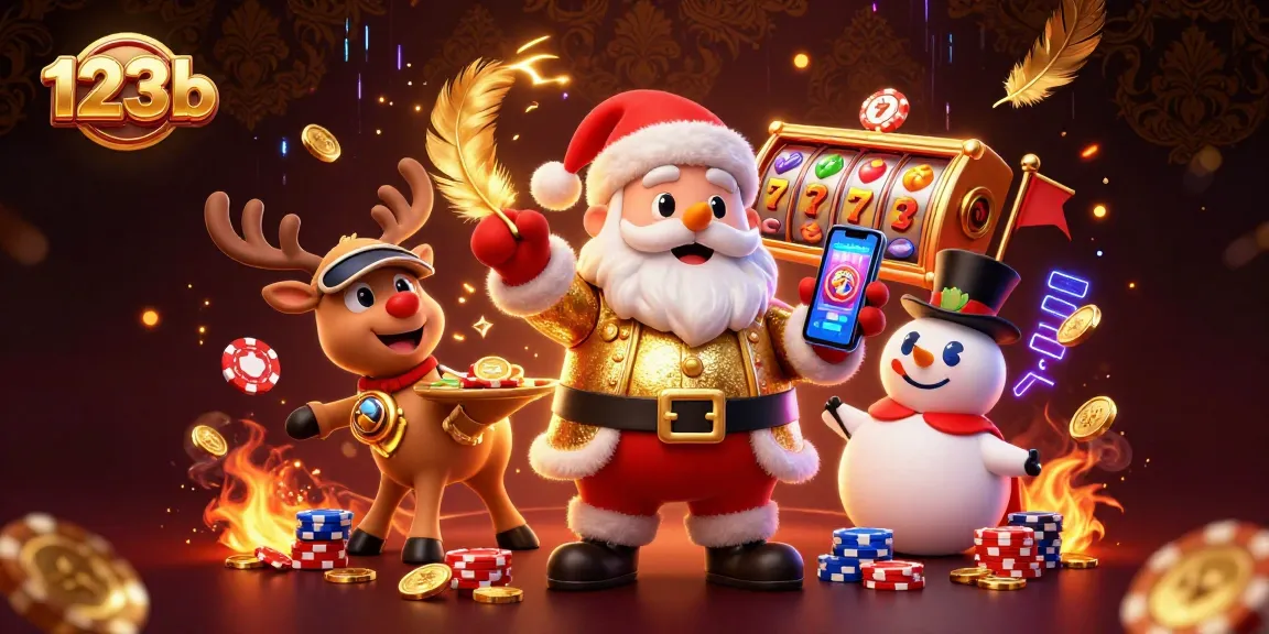 Win big at 123b with Santa, reindeer dealer, and poker chip snowman in a vibrant casino scene