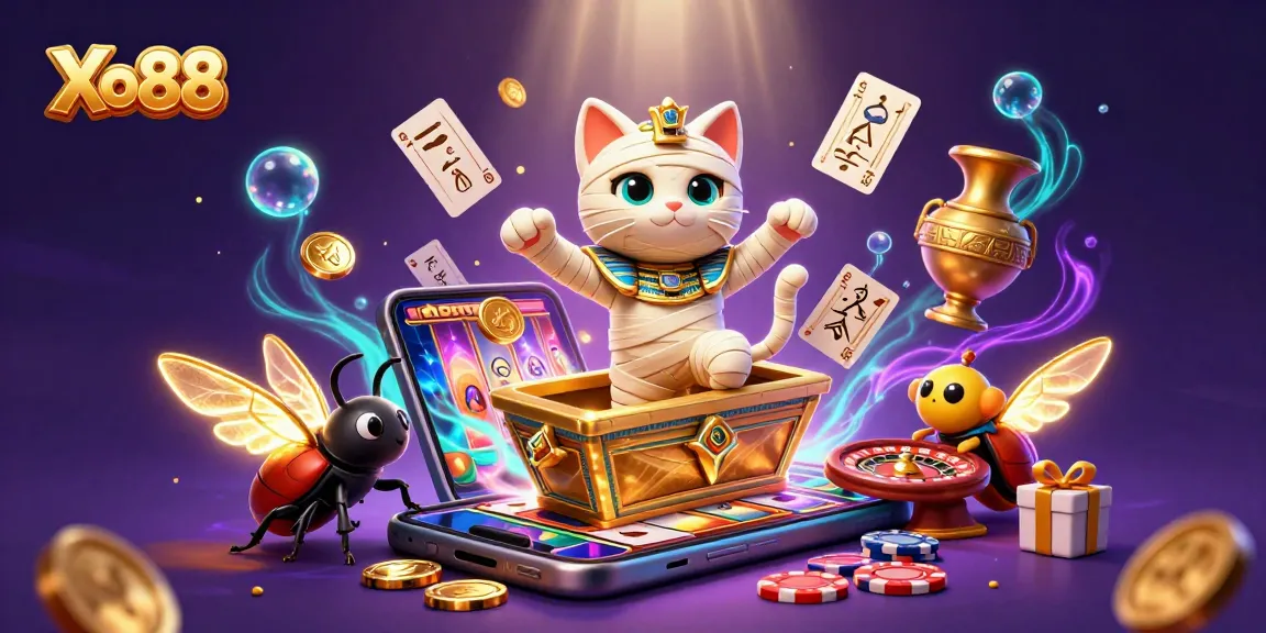 Xo88 Casino scene with a mummy cat and scarab beetle amid floating hieroglyph cards and vibrant slots.