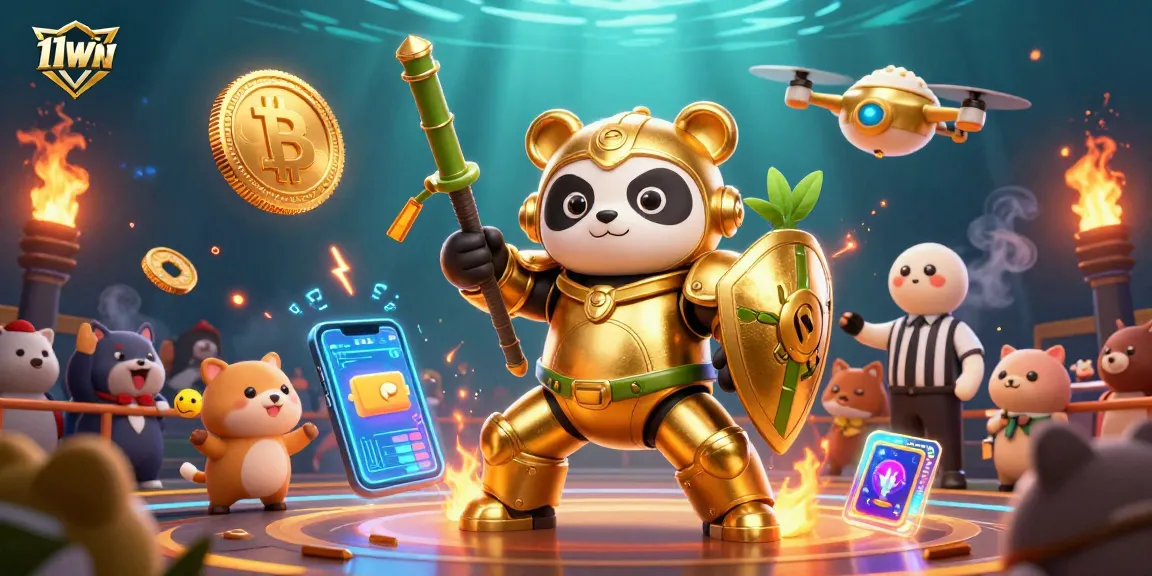 Experience thrilling gameplay with 11WIN in a vibrant 3D casino scene featuring crypto elements.