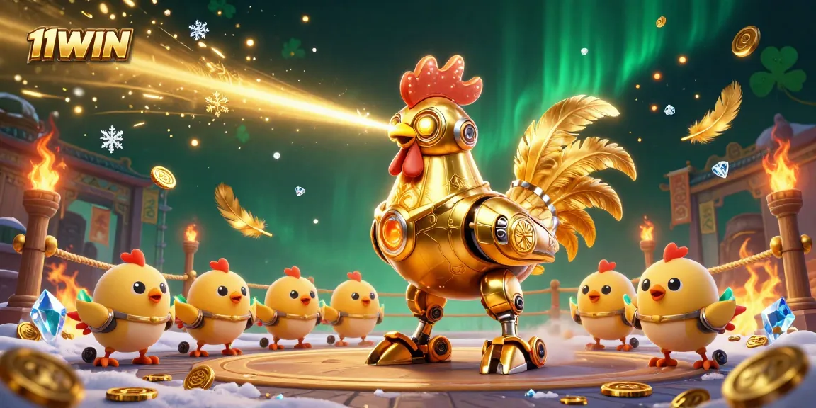 Engage with 11WIN's vibrant 3D illustration of a golden rooster robot in a dynamic casino arena.